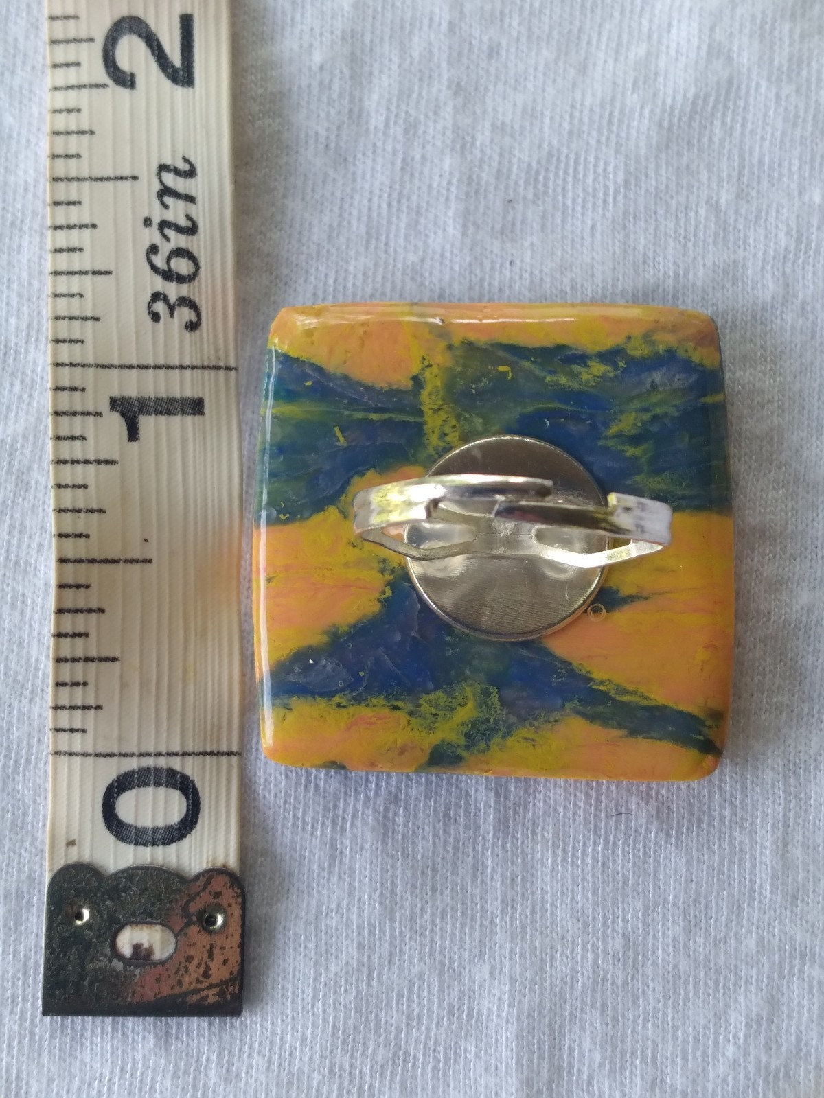 Handcrafted Silver Adjustable Polymer Clay Ring Square Blue Yellow Marbled