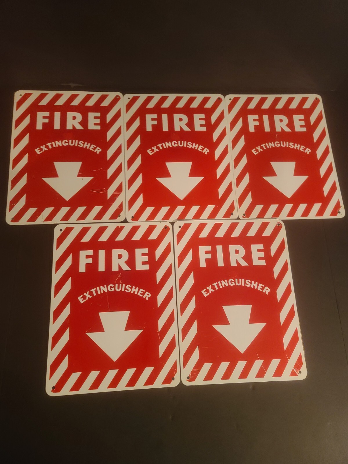 (LOT OF 5) NEW BUT SCRATCHED 9" X 12" Metal Fire Extinguisher Signs