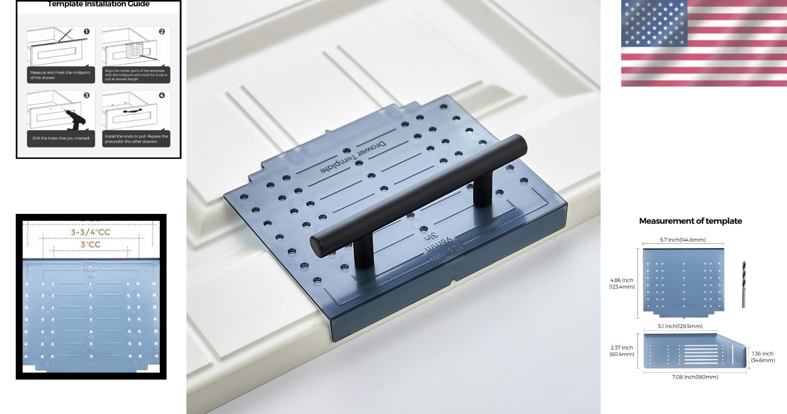 Cabinet Door & Drawer Hardware Installation Template with Drill Bit – 3-5" Specs