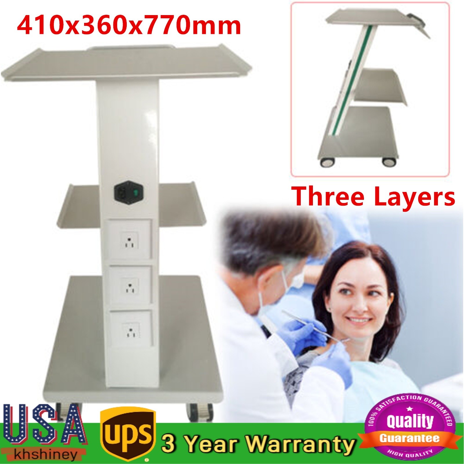 Mobile Dental Trolley Cart Built-in Socket Medical Trolley Equipment Three Layer