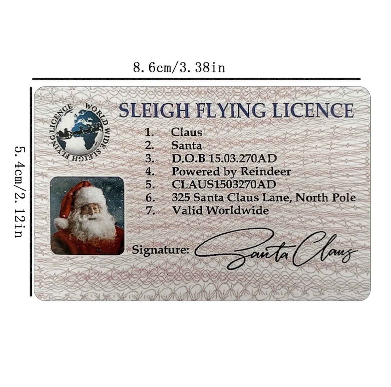 NOVELTY SANTA CLAUS SLEIGH FLYING DRIVERS LICENSE CHRISTMAS PRANK GAG GIFT
