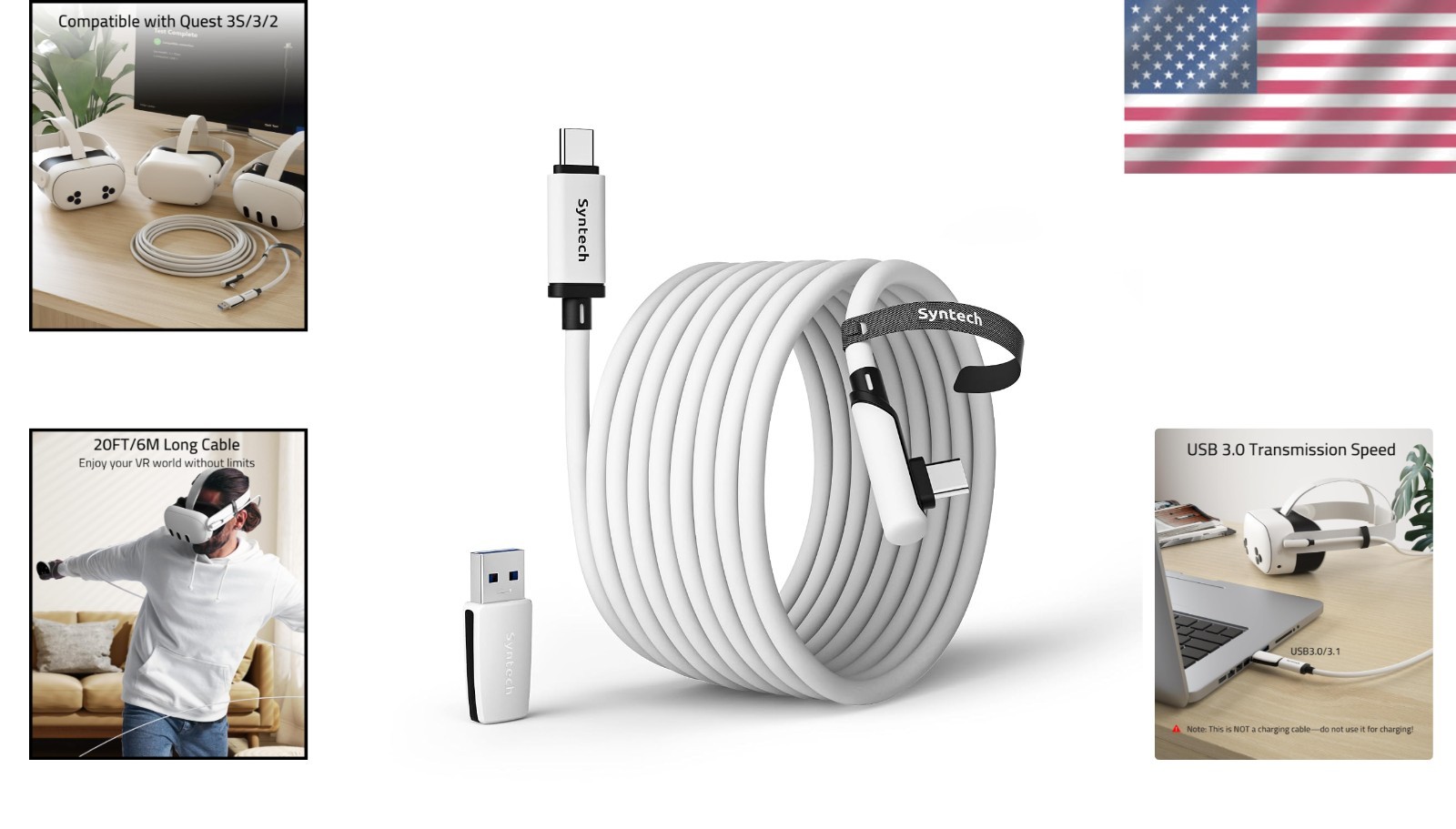 Universal 20FT Type-C Link Cable for VR Gaming - Oculus & SteamVR Compatible