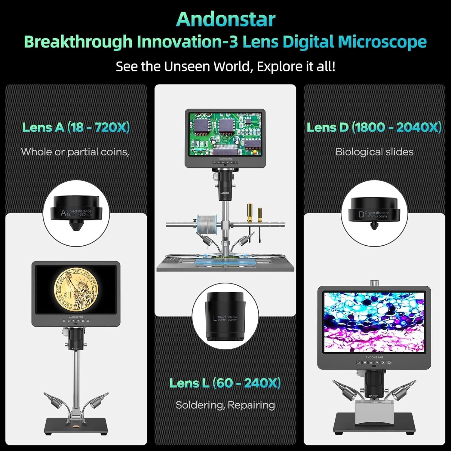 AD249S-M Plus 10.1'' HDMI Soldering Digital Microscope for Electronics Repair...