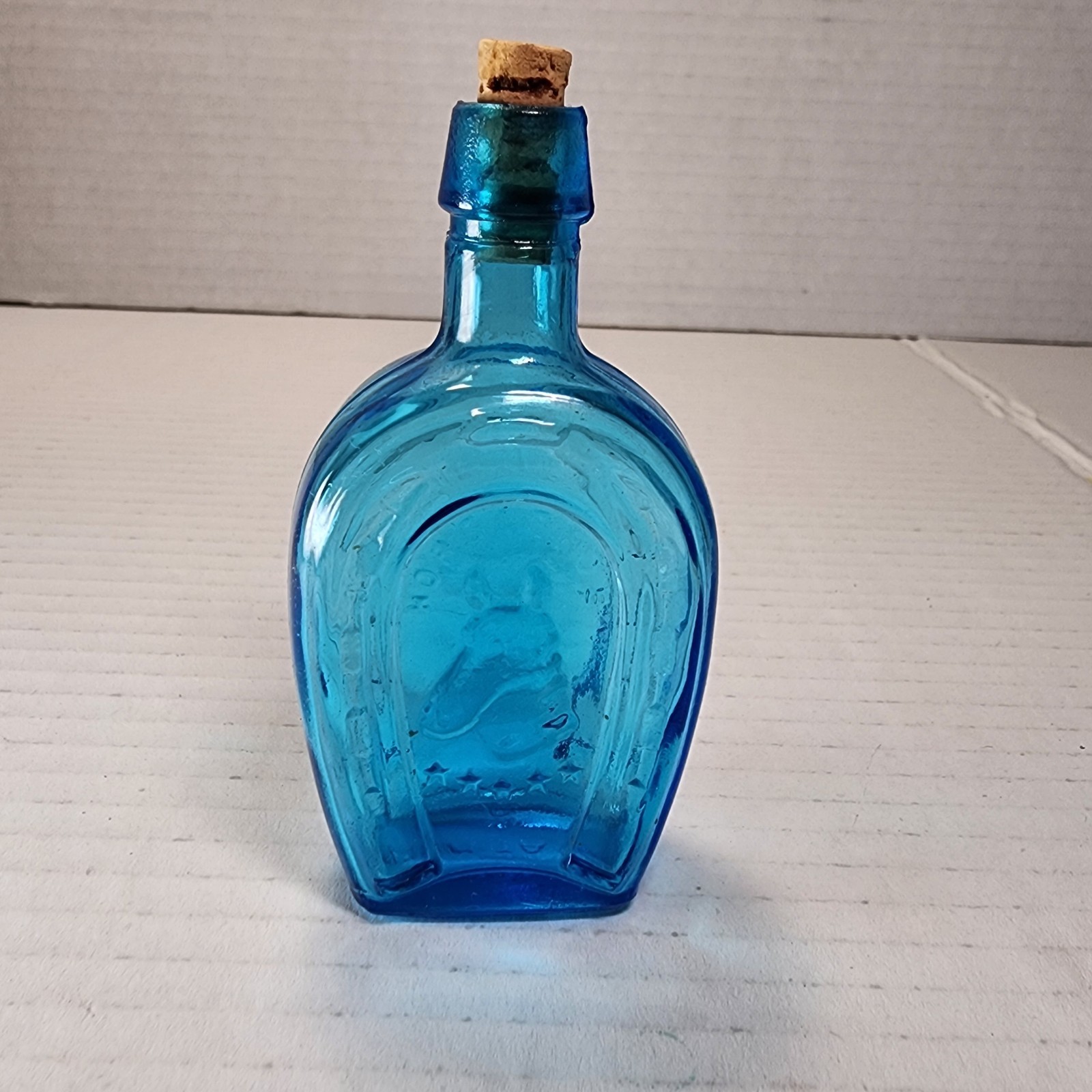 Vintage Miniature Horse Shoe Bitters Blue Glass Bottle Original Cork 3.25”