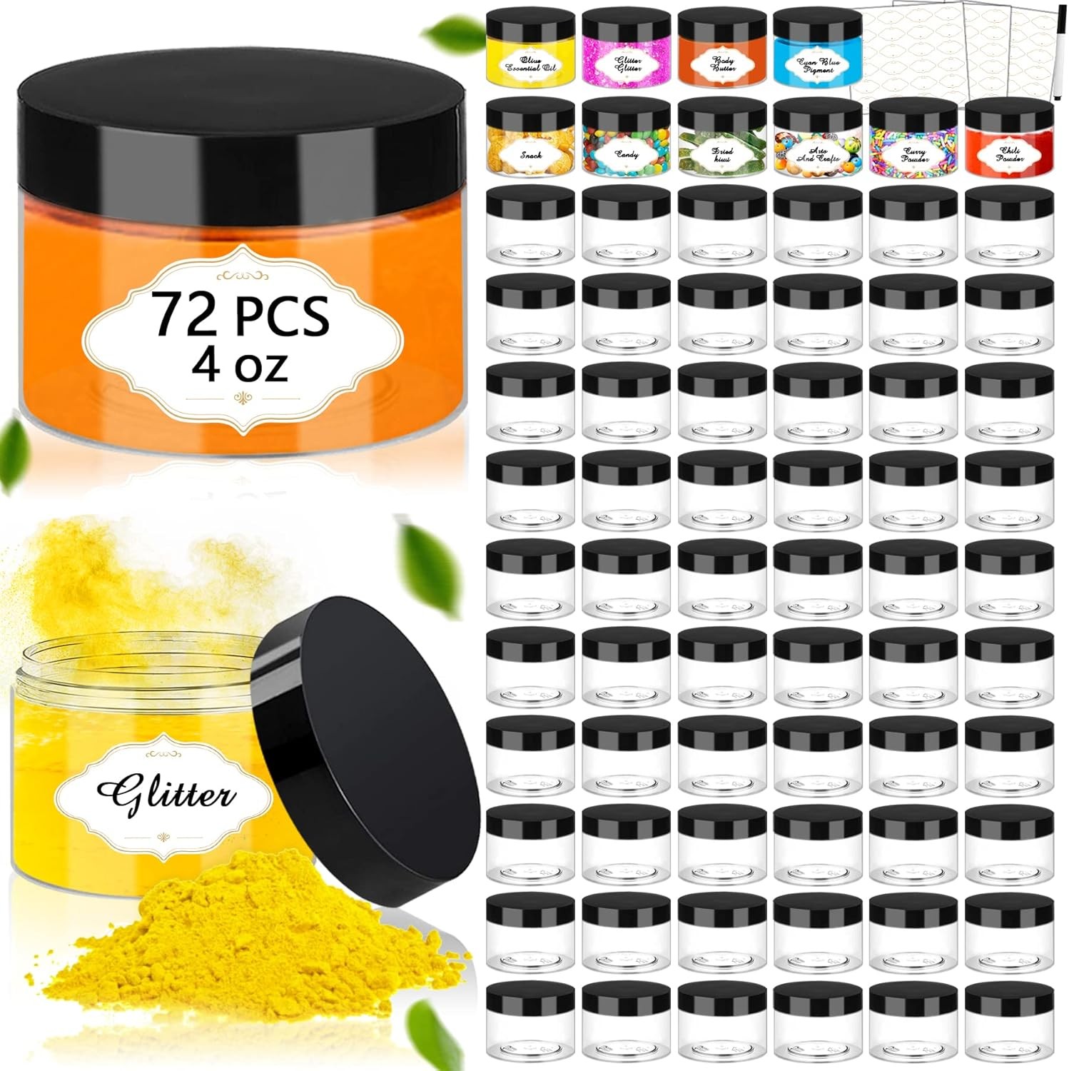 Plastic Jars with Lids, 4 OZ Slime Containers 72 Pcs Empty Clear Plastic Jars