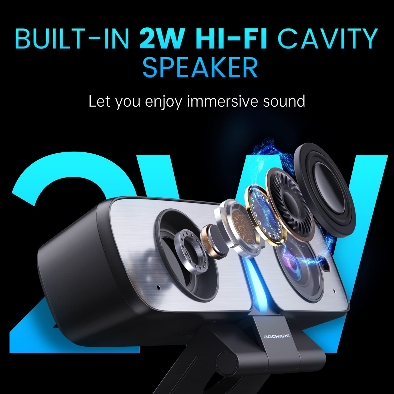 ROCWARE RC08 2K Webcam with Speaker, for PC, HD Web Cam Black