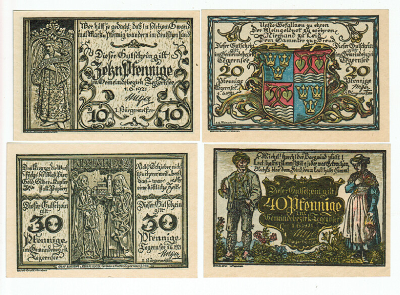 SET OF 4 GERMANY NOTGELD 10.20.30.40 PFENNIG TEGERNSEE 1921 UNC