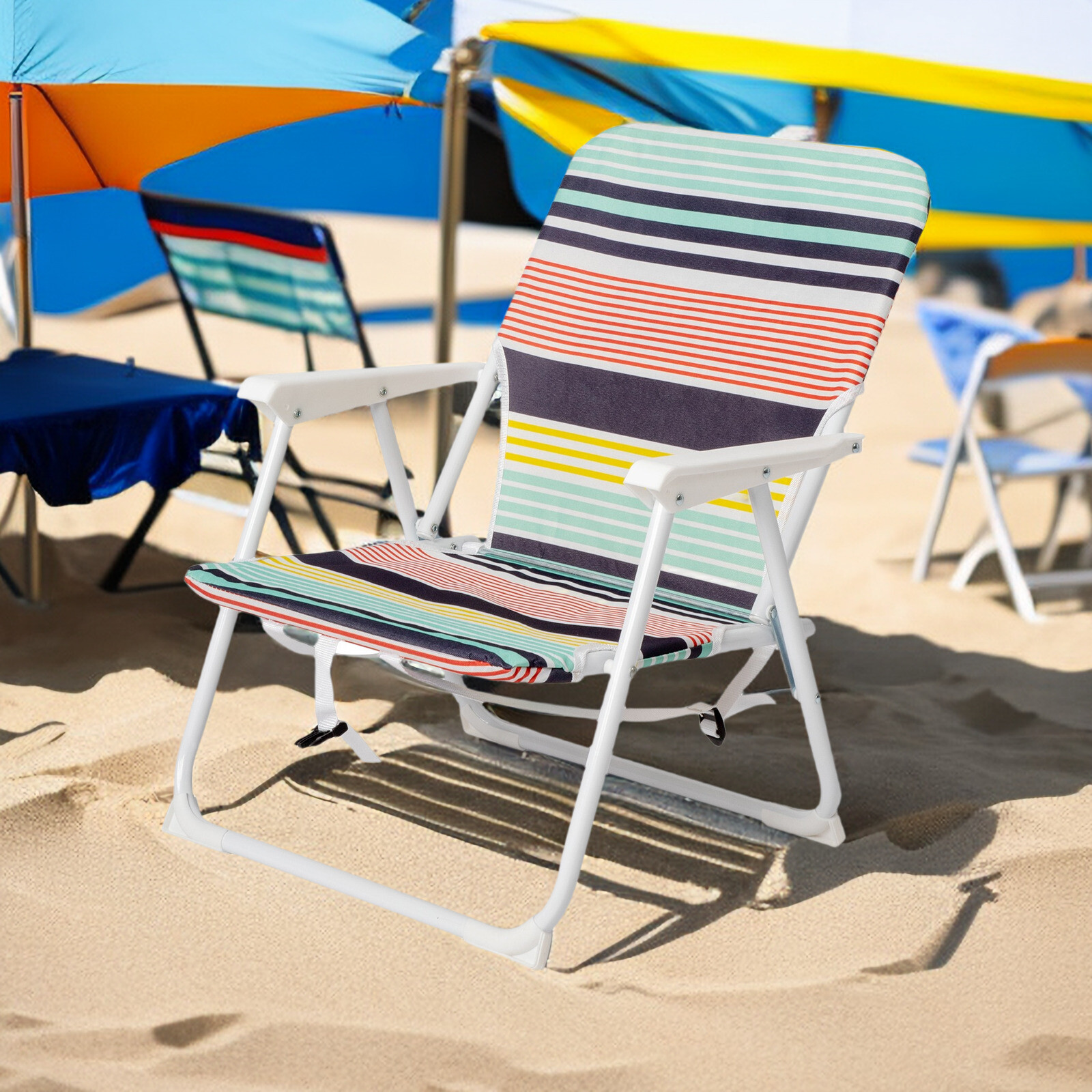 Folding Beach Chair - Fabric, White Metal Frame, Lightweight & Multicolor