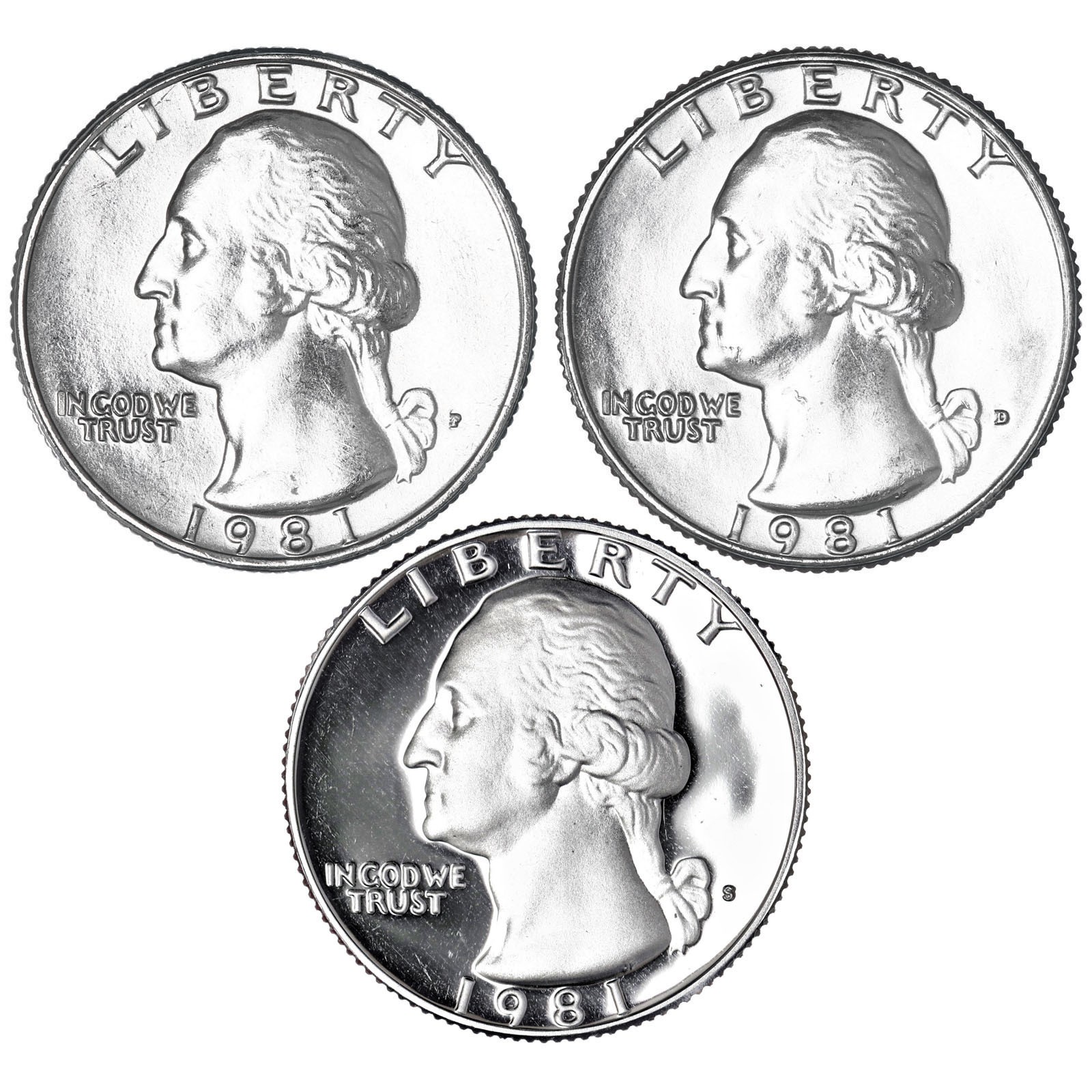1981 P D S Washington Quarters CN-Clad BU & Gem Proof 3 Coin Year Set