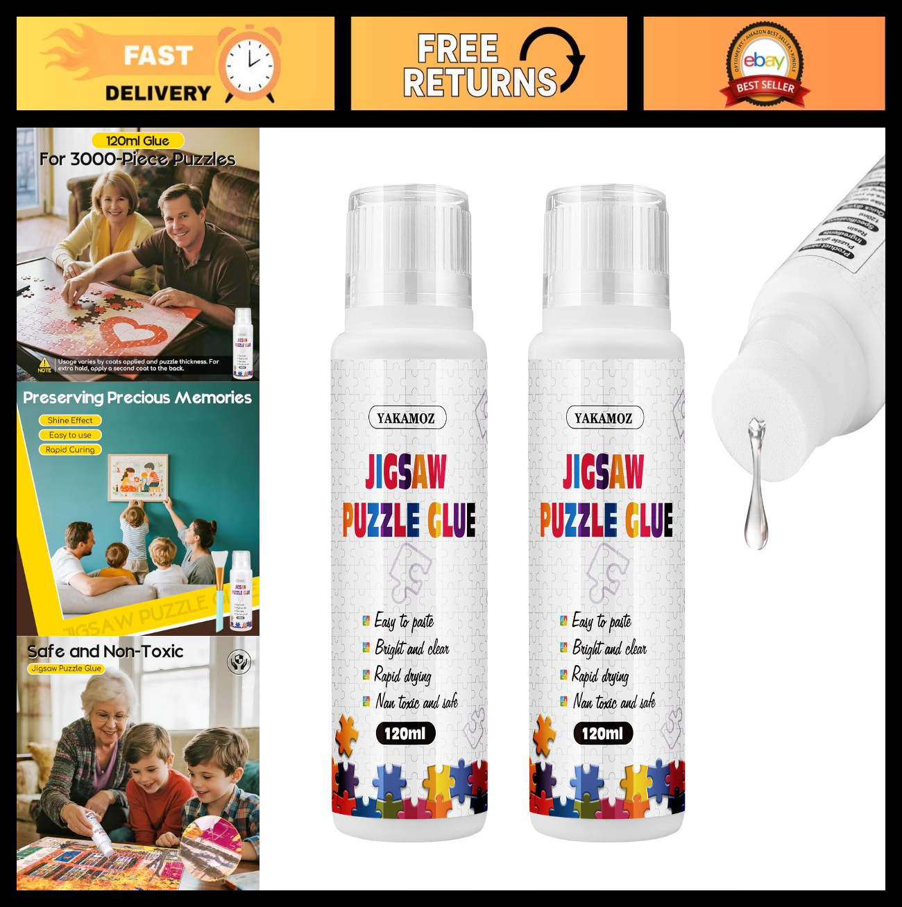 Clear Jigsaw Puzzle Glue with Sponge Applicator - Quick Dry Water-Soluble, 240ML