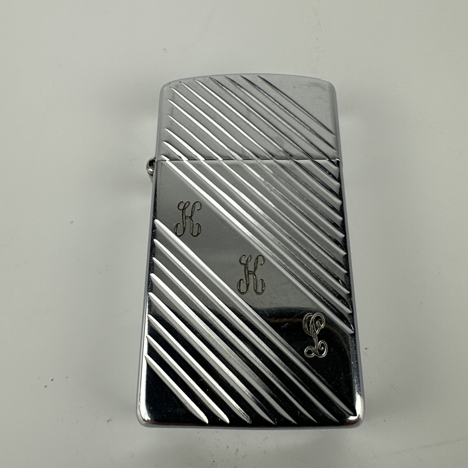 Zippo Slim August 1987 Monogrammed KKL Diagonal Lines High Polish