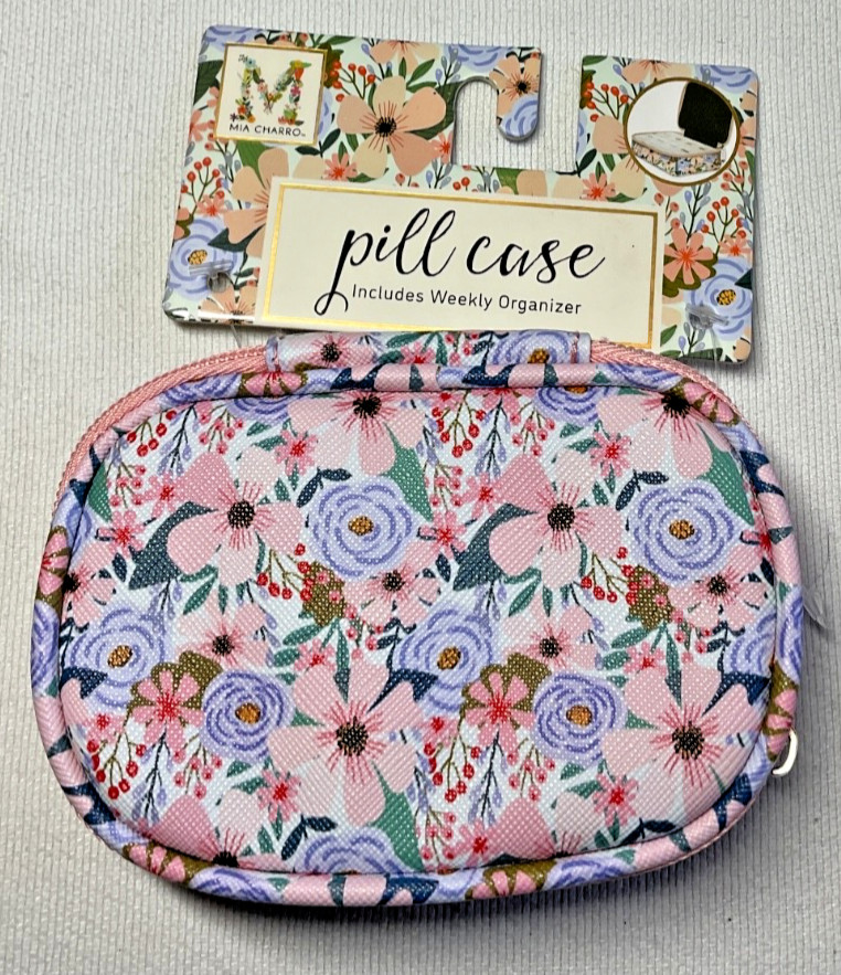 MIA CHARRO PILL CASE WITH 8 COMPARTMENT ORGANIZER PINK BLUE FLOWERS 3 1/2 X 4NWT