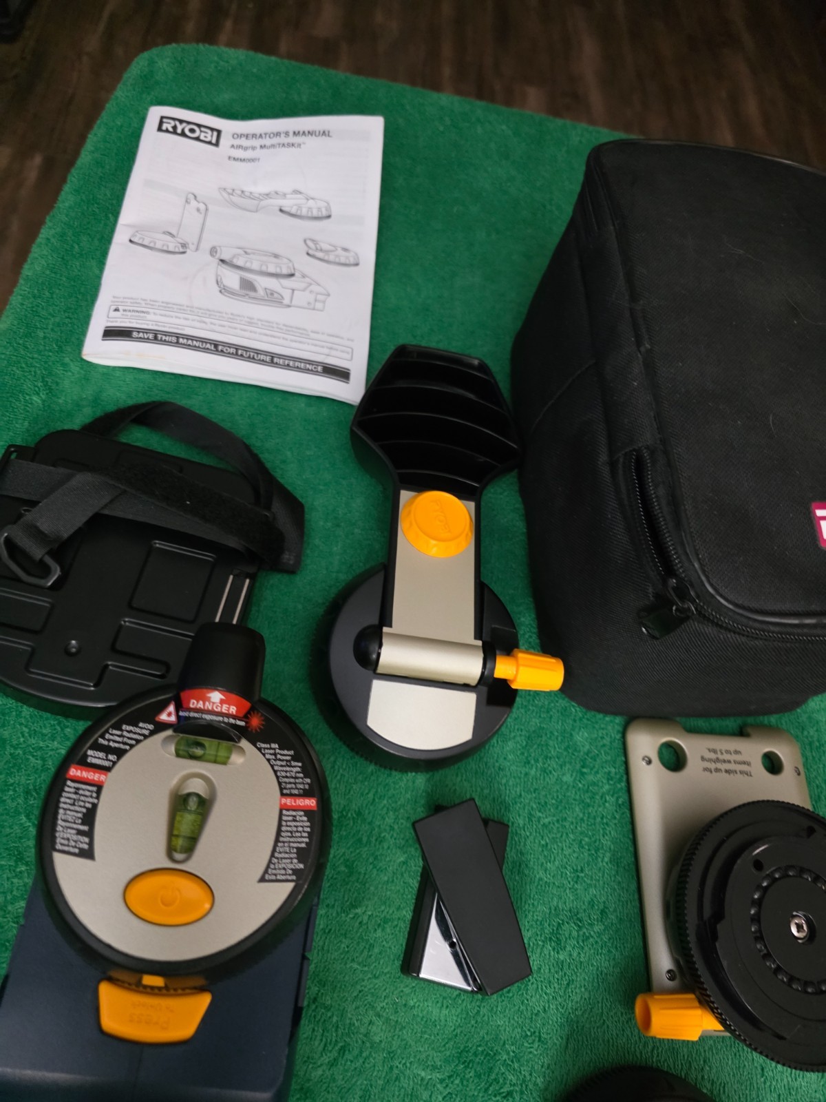 Ryobi Laser Air Grip Multi-task kit, light, accessories, manual & zippered case
