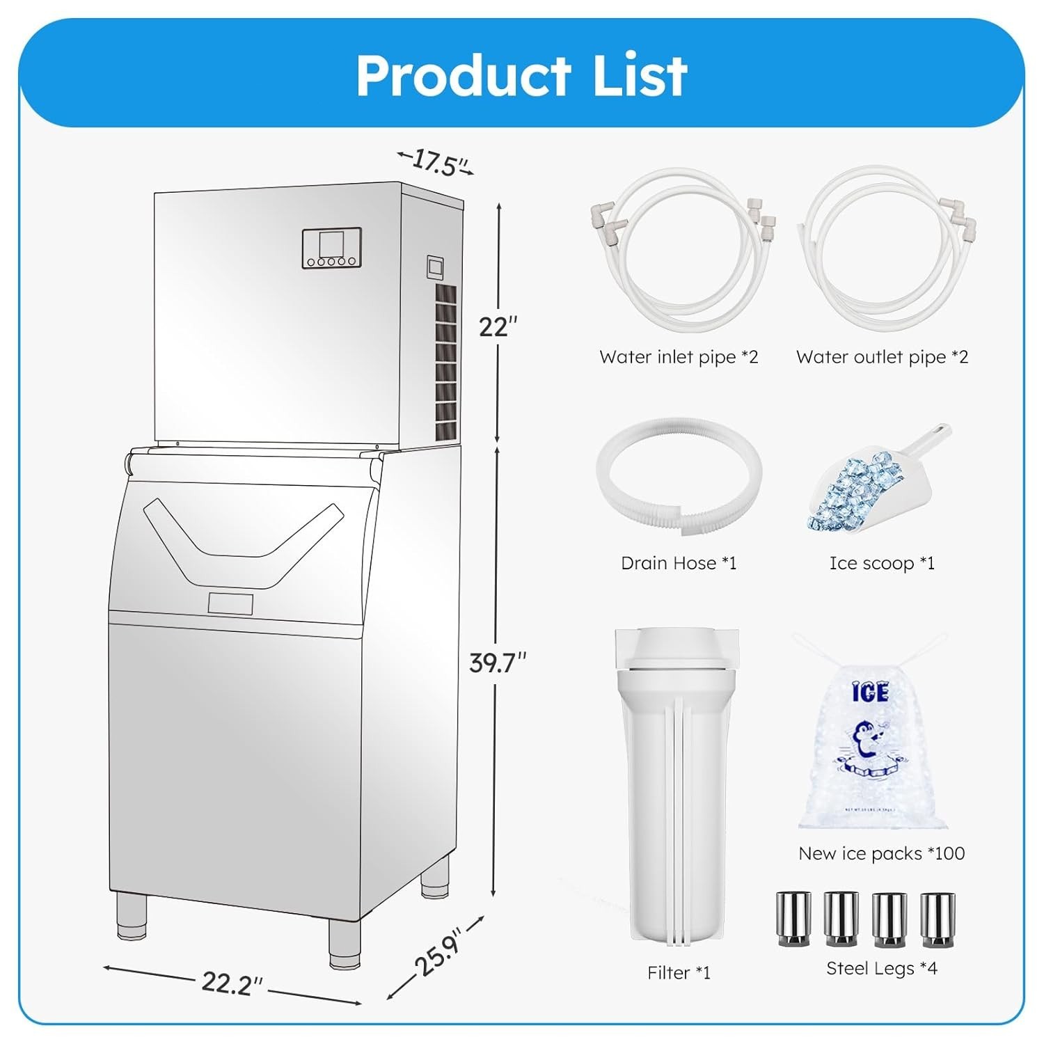 680lbs/24H Commercial Ice Maker Machine 1030W SECOP Compressor Large Storage Bin