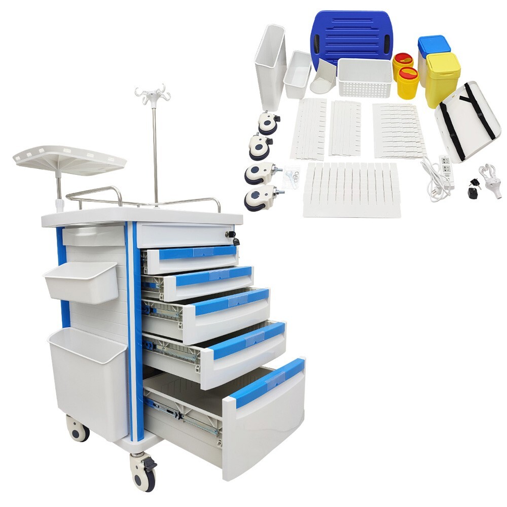 Medical Emergency Vehicle with Drawer Infusion Stand Mute wheel 2 Trash Cans