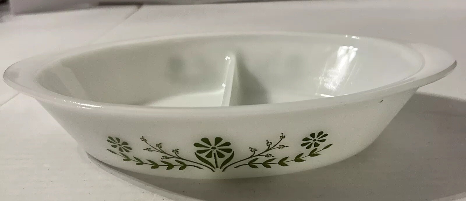 Vintage Glasbake Divided Casserole Baking Serving Dish Green Daisy 12 x 8 J2352