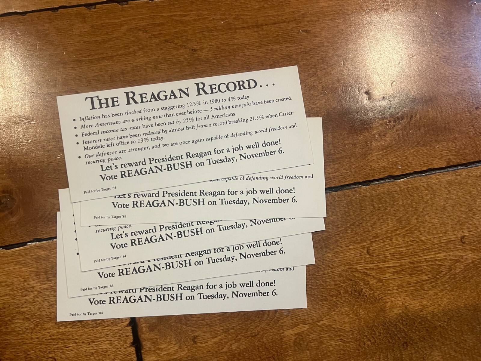 (5) RONAL REAGAN BUSH '84 CAMPAIGN INDEX CARD LEADERSHP THAT'S WORKING 3" x7"