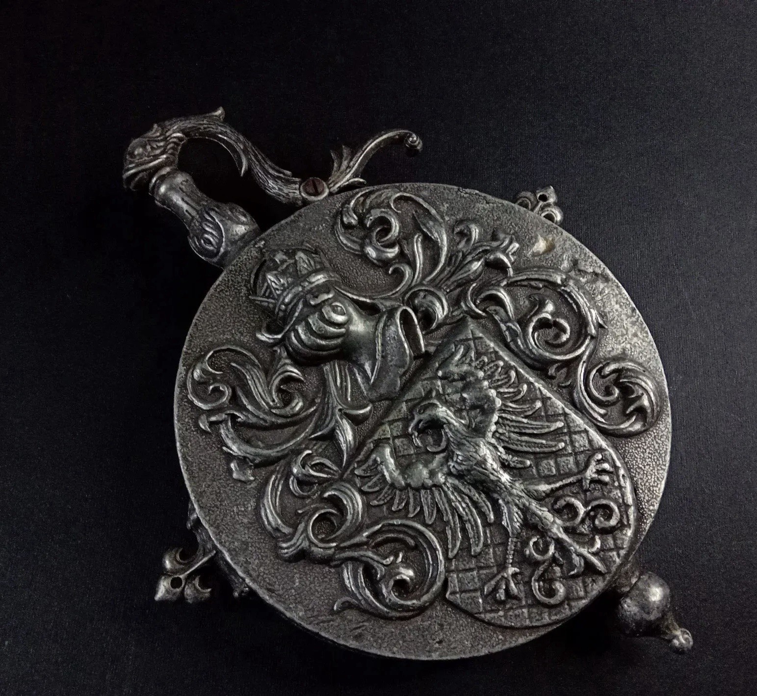 Vintage Ornate Pewter Gun Powder Flask with Coat of Arms Knight Eagle Lion Motif