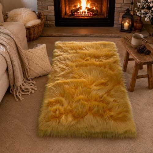 Faux Sheepskin Rug, Ultra Soft Fluffy Golden Yellow Faux Fur Runner Rug for
