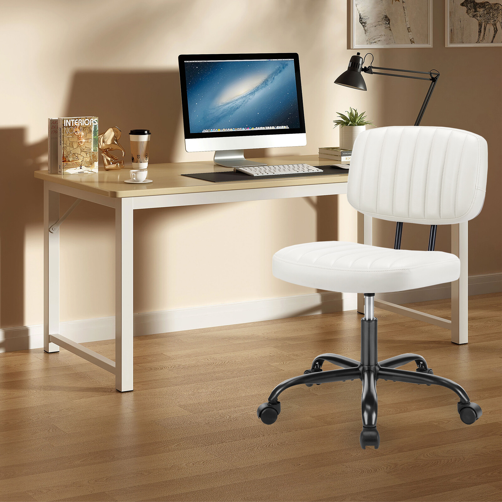 Small Office Chair Armless with Wheel Swivel Height Adjustable Desk PU Leather