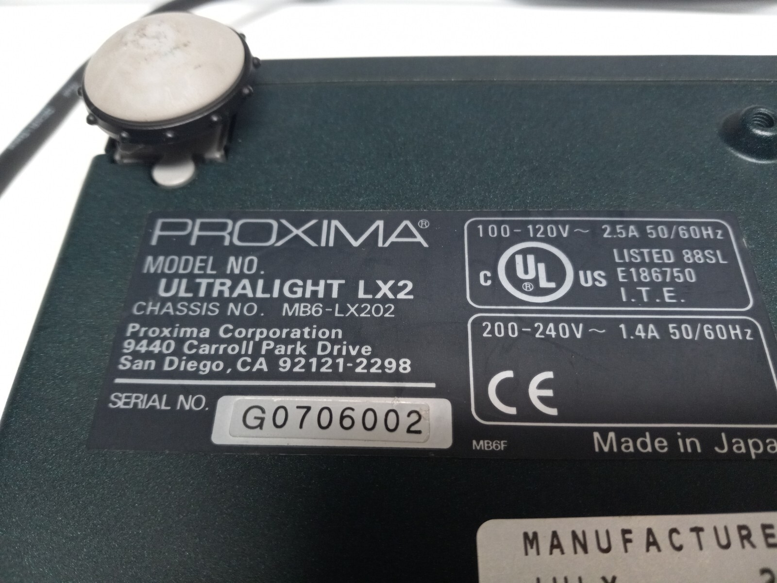Proxima Ultralight LX2 Projector May 2000 Tested with CABLES NO REMOTE