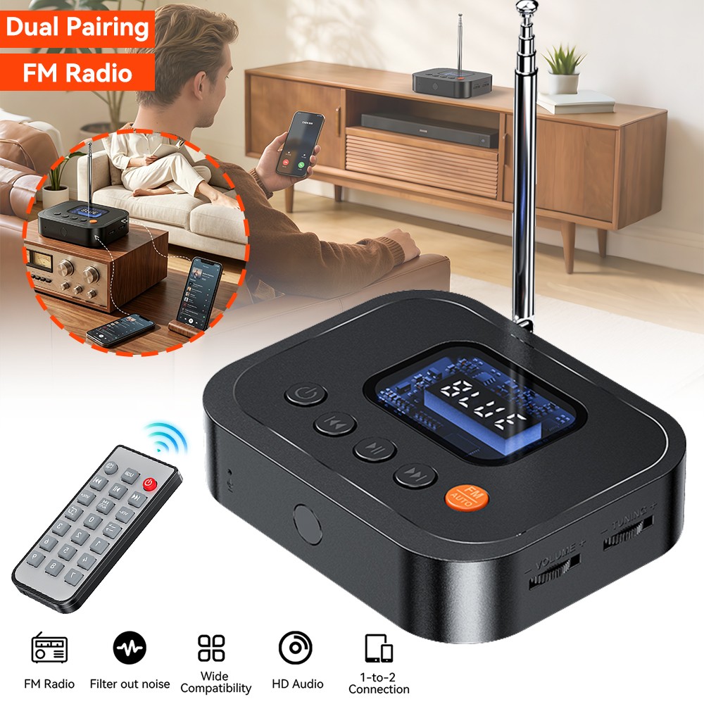 Bluetooth Receiver for Home Stereo 3.5mm AUX/RCA FM Radio Wireless Audio Adapter