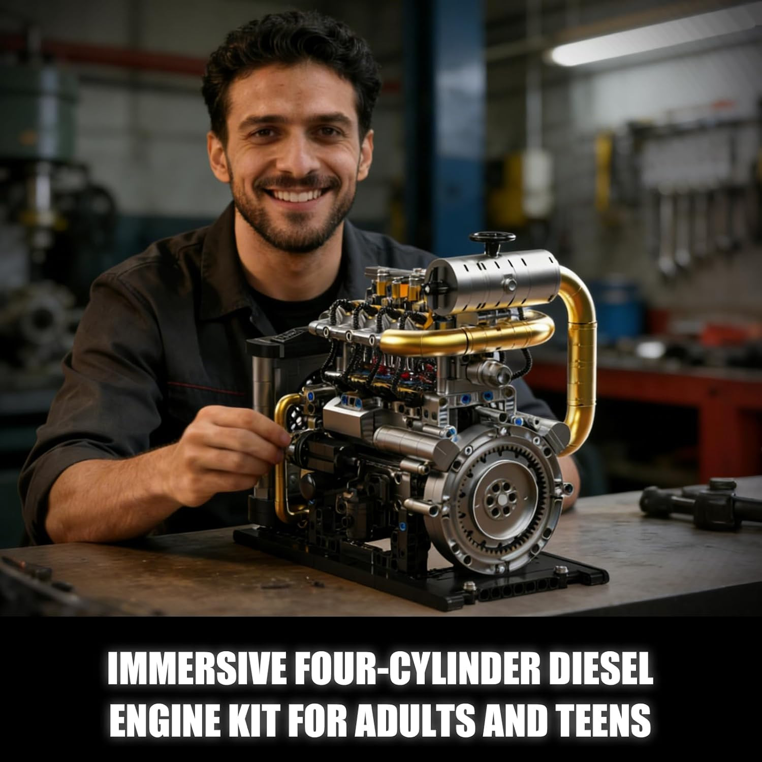 Diesel Engine Model Kit That Runs for Adults, MOC Mini Inline 4-Cylinder Diesel