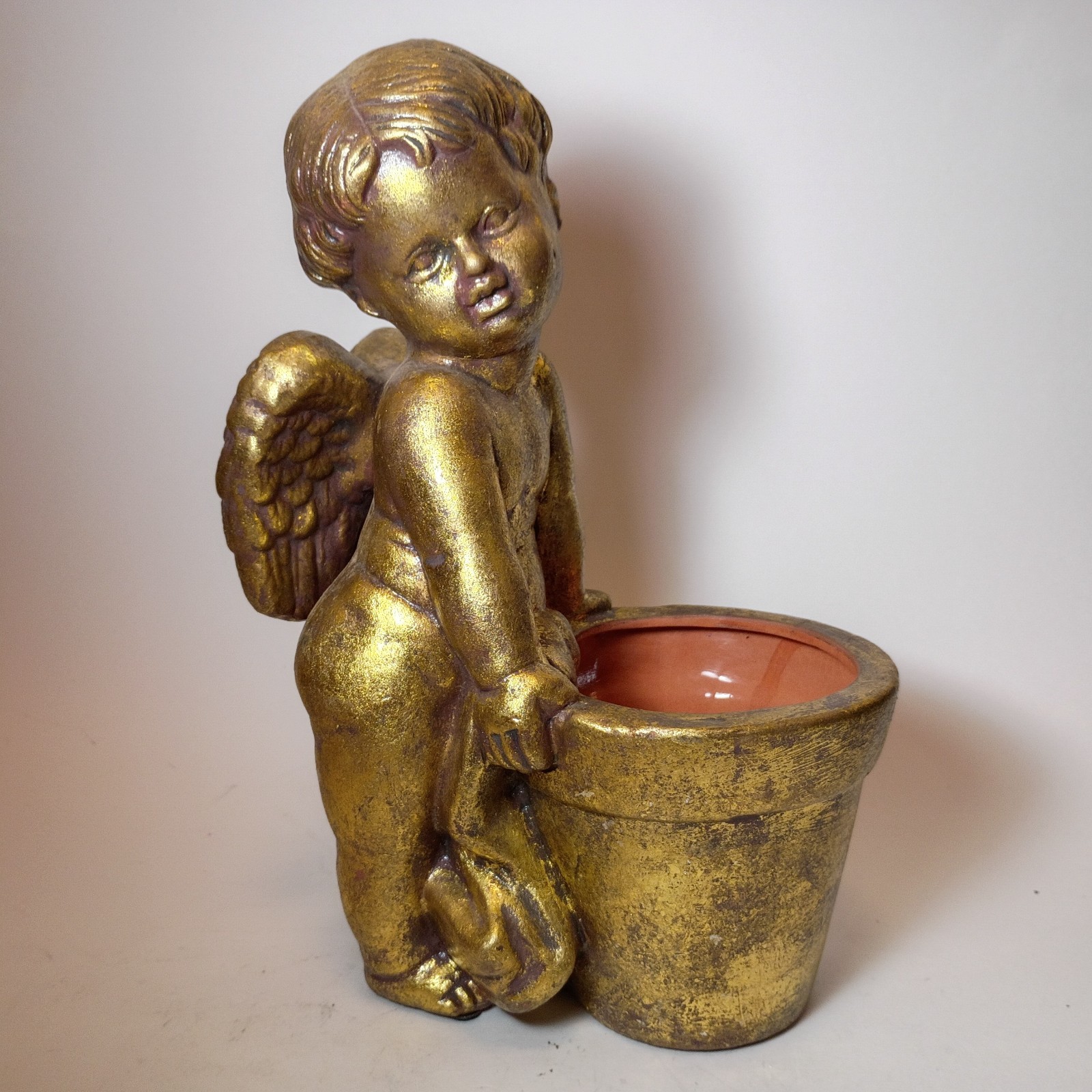 Angel Cherub Gold Tone Painted Terracotta Planter 10"