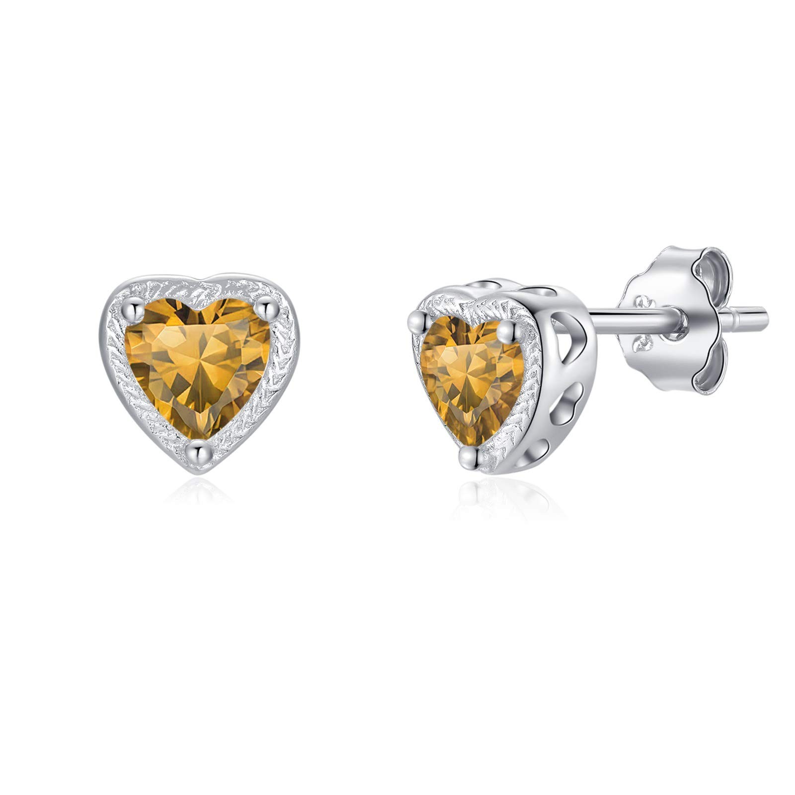 Qings Birthstone Earrings Heart Studs, 925 Sterling Silver Birthstone Studs C...