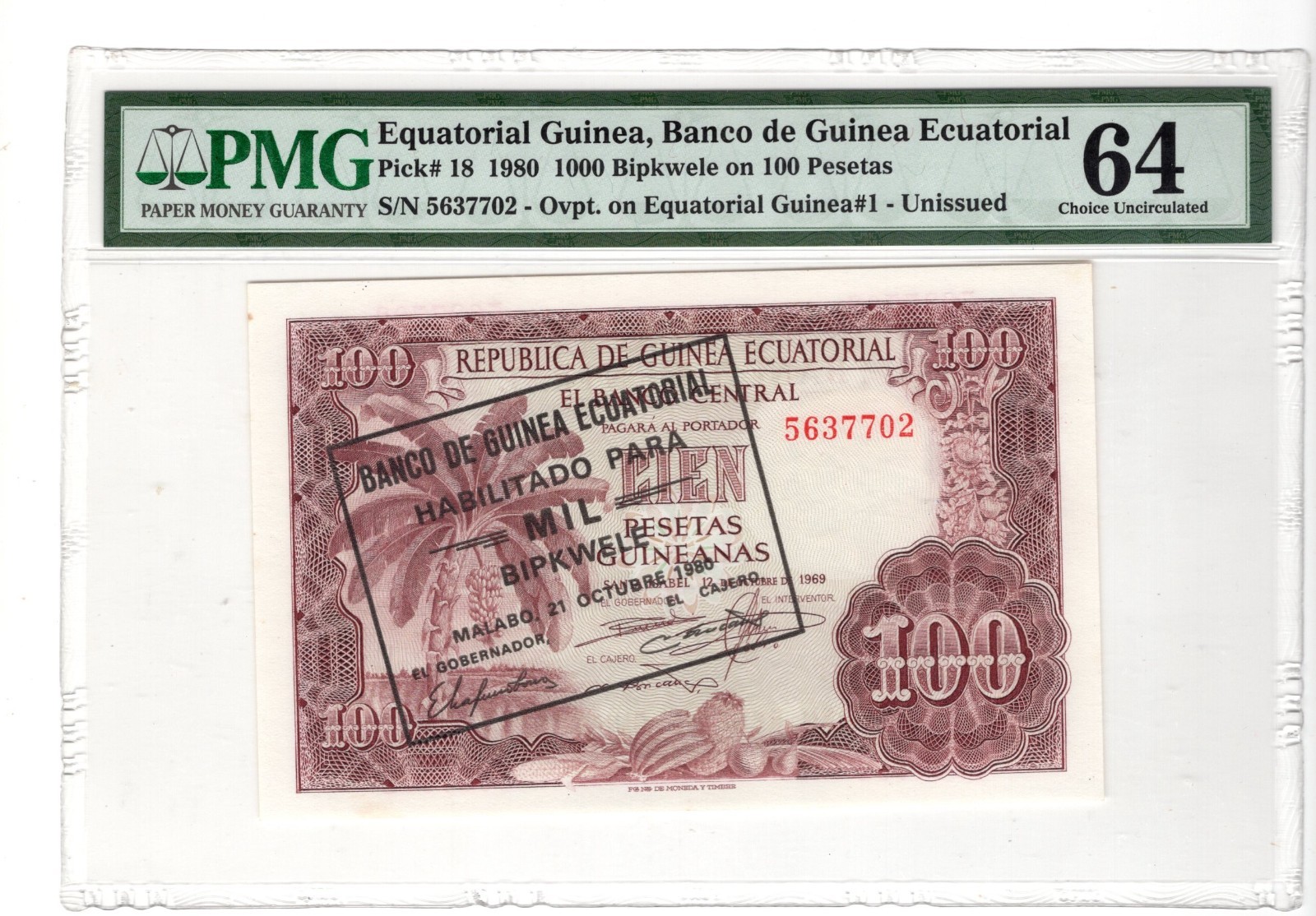 1980 Equatorial Guinea 1000 Bipkwele on 100 Pesetas P-18  PMG 64 Choice Unc