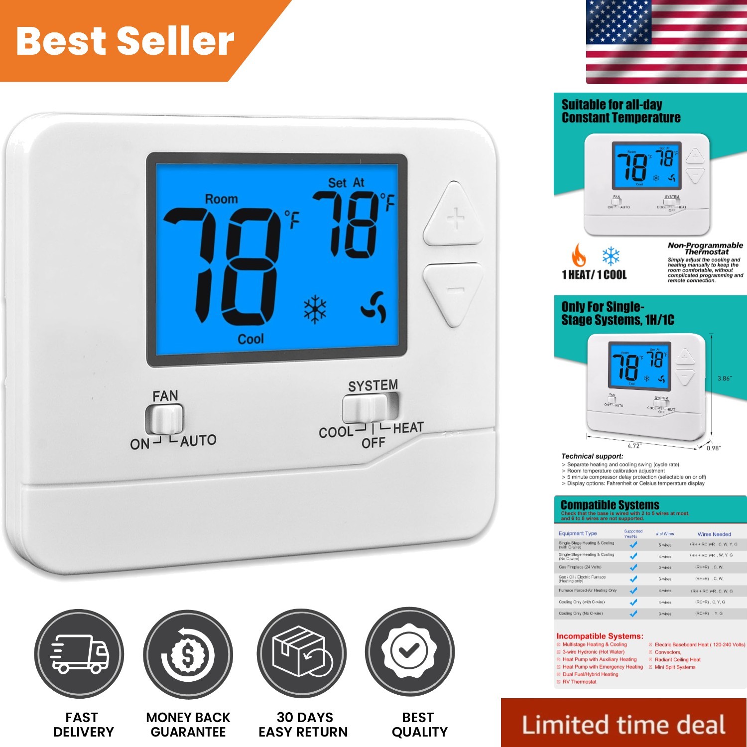 Non-Programmable Thermostat for Home 1 Heat/1 Cool with Blue Backlight