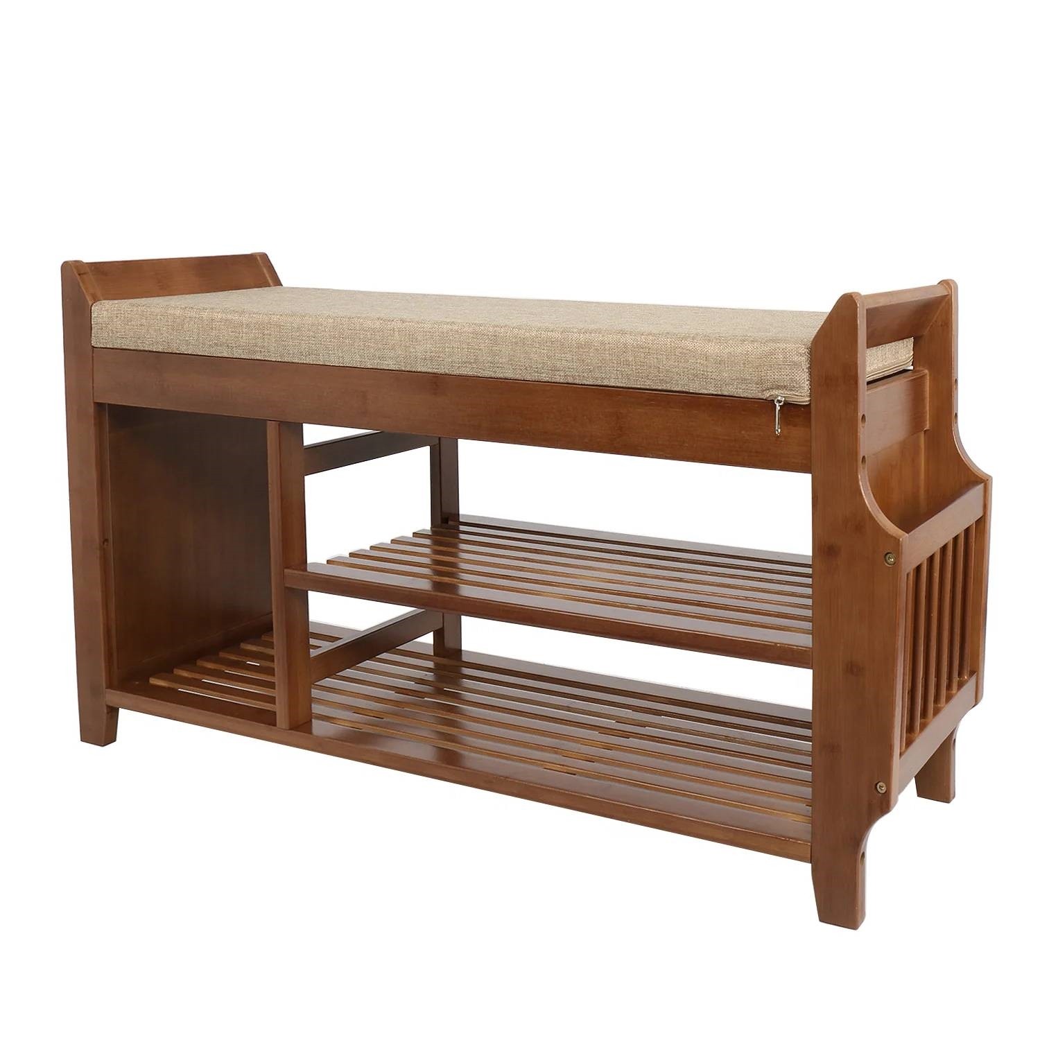 Solid Wood Entryway Shoe Rack Storage Bench w/Cushioned Seat 2 Shelves & Drawer