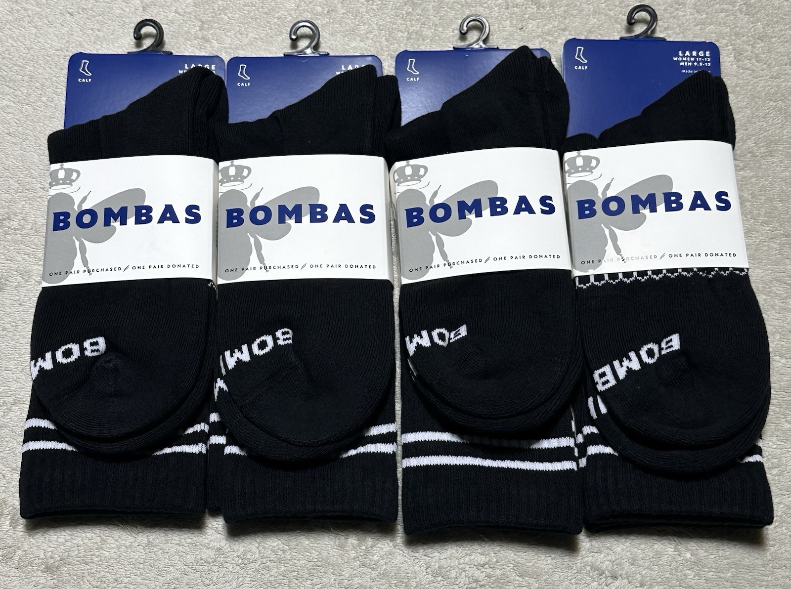 Bombas 4-Pack Crew Calf Socks Size Large Brand New Unisex Blk 4-Pairs