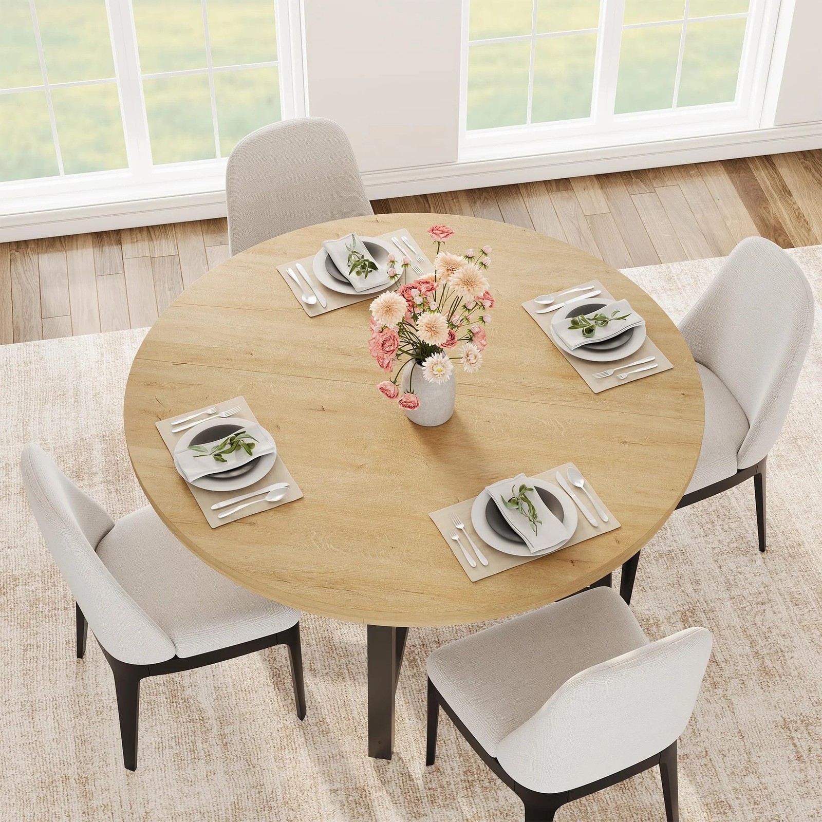 47" Round Dining Table For 4-6 People Wood Top Metal Frame Space Saving Natural
