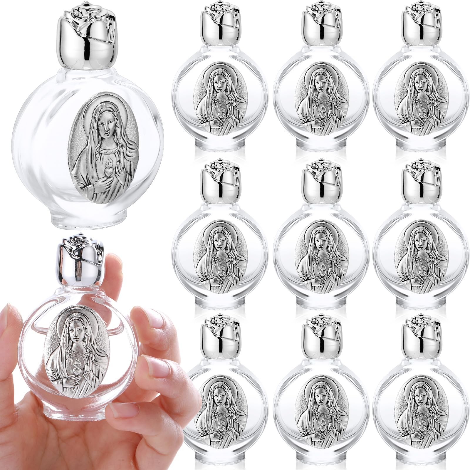 Domensi 12 Pcs Glass Holy Water Bottles 0.5 Floz Embossed Portable Glass Travel