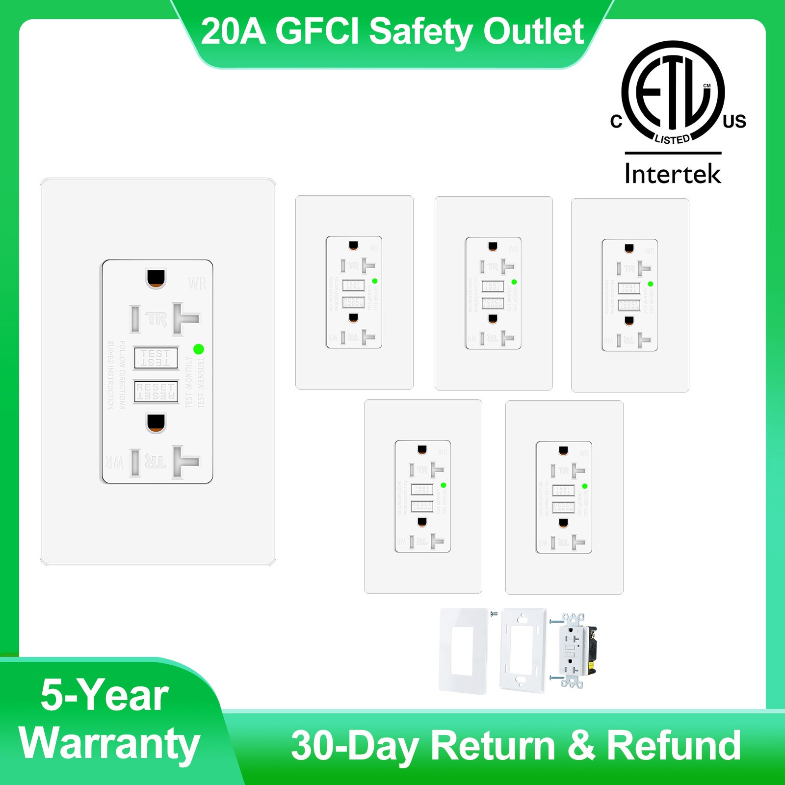 6 Pack GFCI Outlet 20 Amp Tamper Weather Resistant Receptacles Plug LED w/Plates