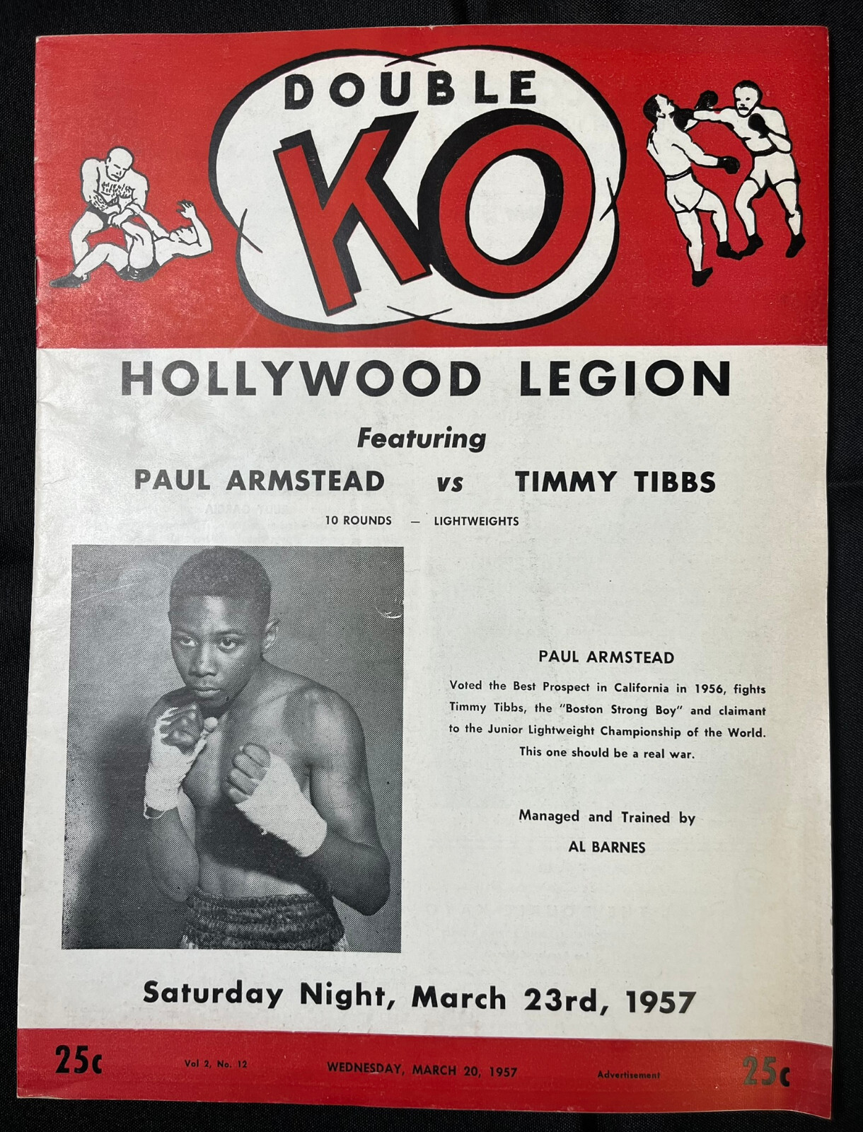 1957 PAUL ARMSTEAD vs TOMMY TIBBS Double KO Boxing Program HOLLYWOOD LEGION