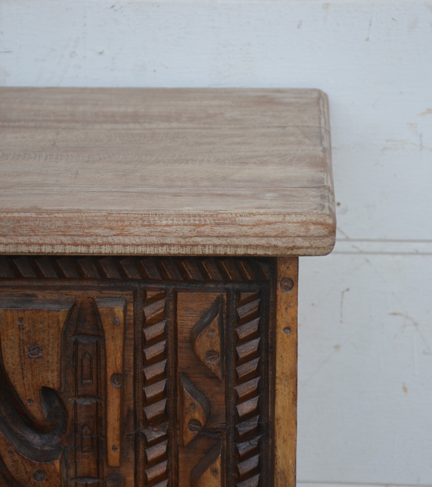 Reclaimed Teak Wood Trunk with Hand Carved Design.