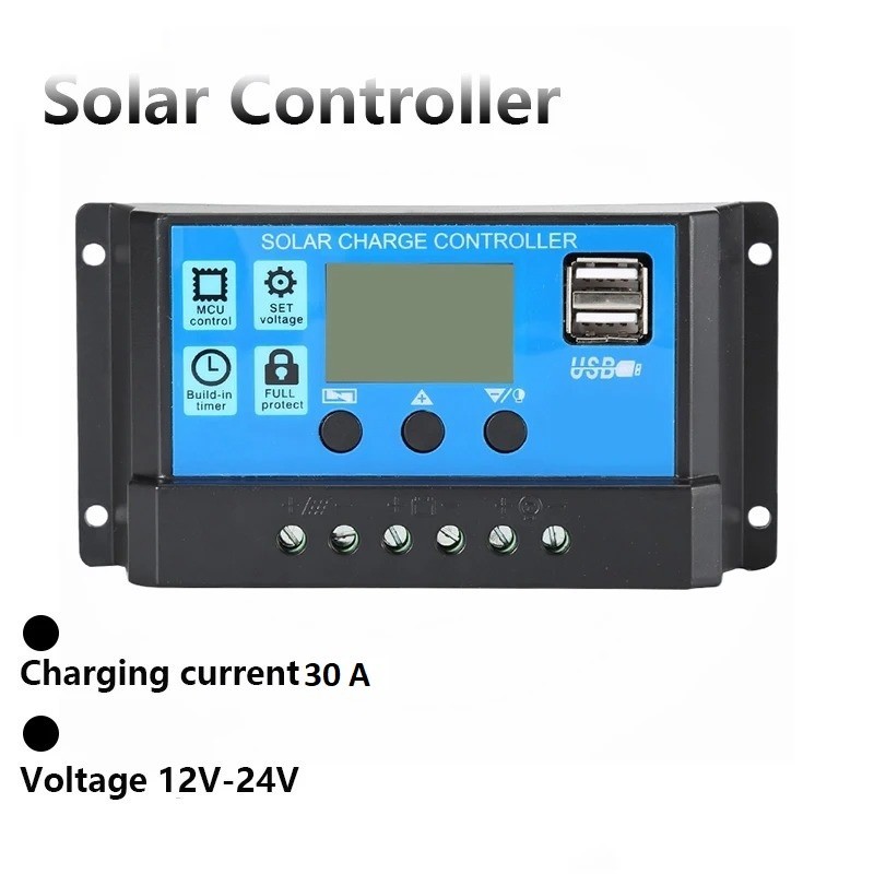 12V/24V 30A PWM Solar Charge Controller Panel Lithium Battery Regulator USB US