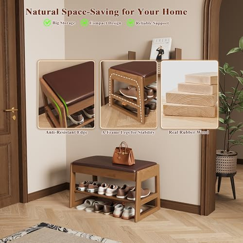Shoe Rack Bench with Leather Cushion 2-Tier Wooden Storage Bench 550lbs