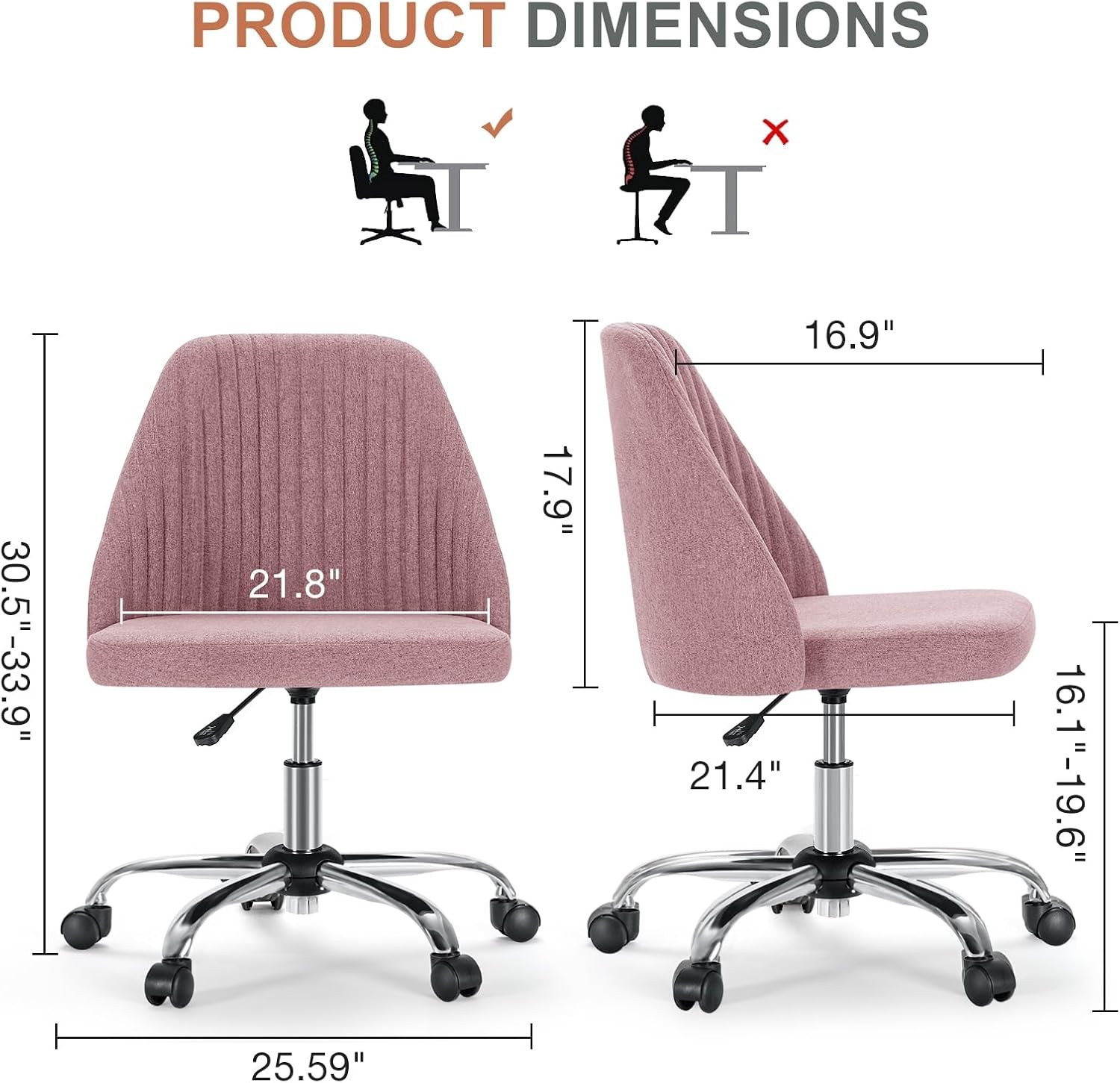 Office Chair Comfy Desk Chair Rolling Vanity Swivel Task Chairs W/ Wheels Wide S