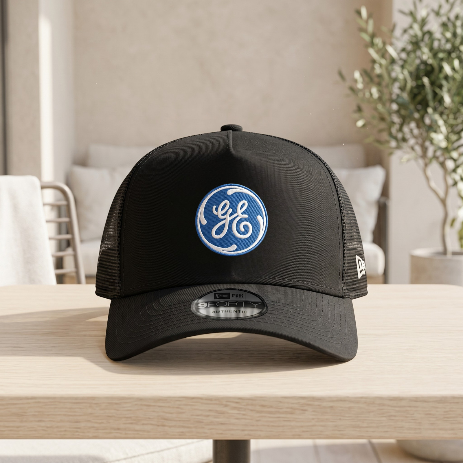 General Electric GE Embroidered Black Trucker Hat Mesh Adjustable Cap
