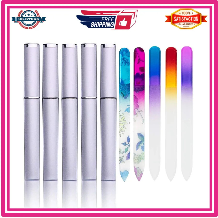 5 Pack Crystal Glass Nail Files with Case Double Sided Manicure Set