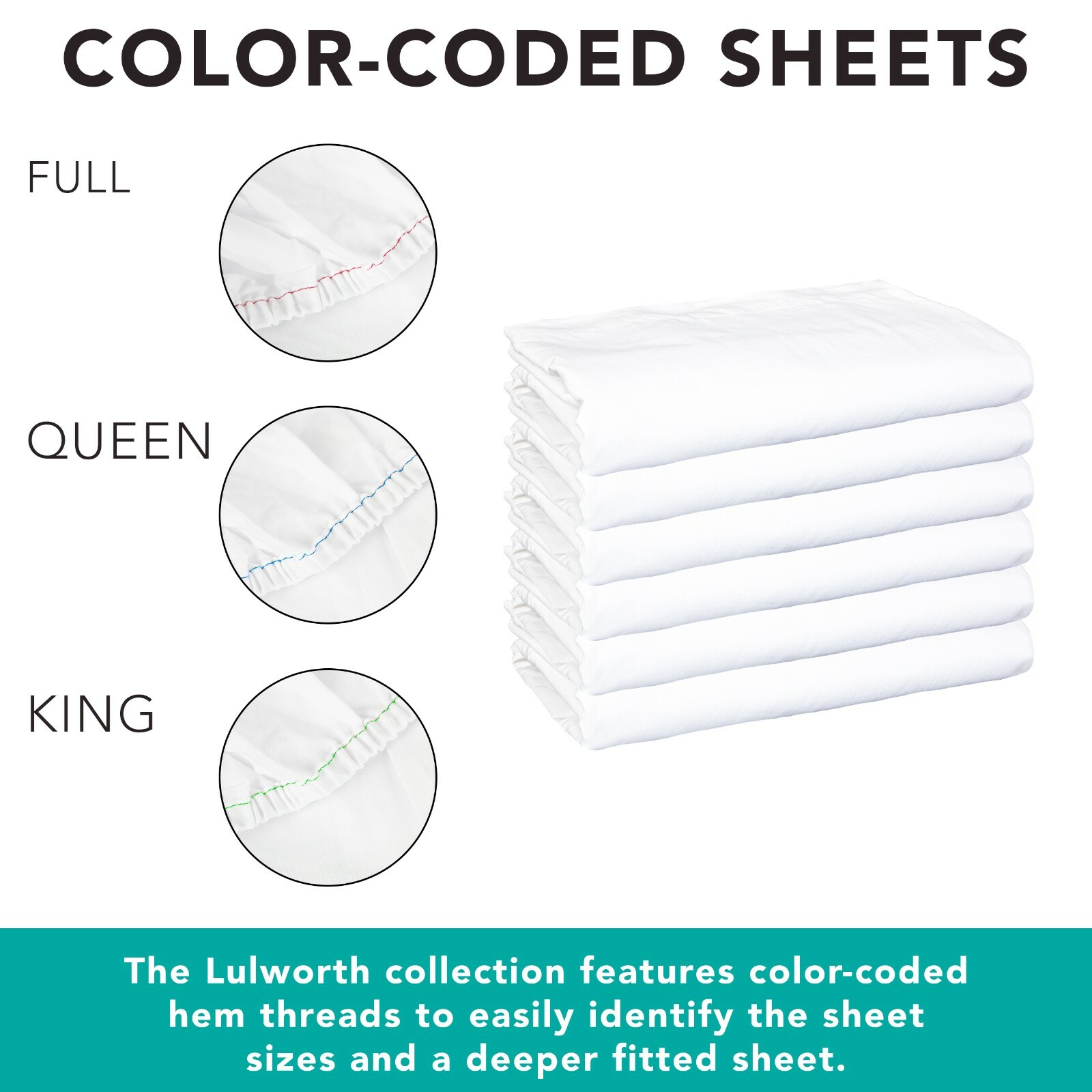 6 Pack of Fitted Bed Sheets, White, 200 Thread Count, Size Options, Color Coded