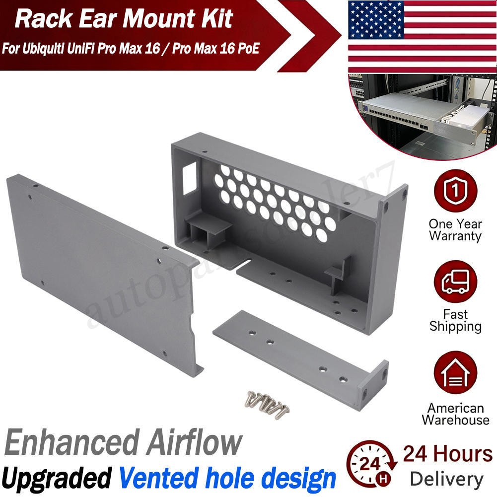 Rack Ear Mounts for Unifi Pro Max 16 PoE w/ PSU Tray + Screws, Enhanced Airflow