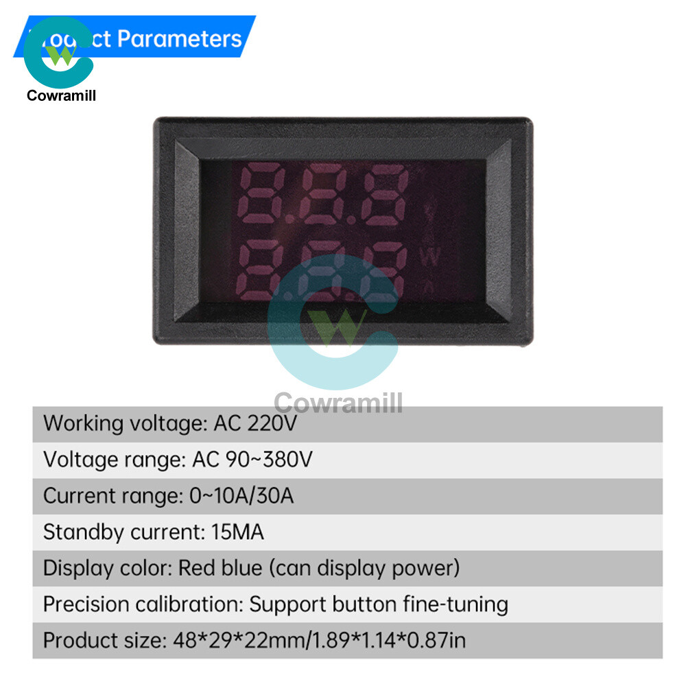 Dual Digital AC Voltage Current Power Meter Voltmeter Ammeter Red Blue 10A/30A
