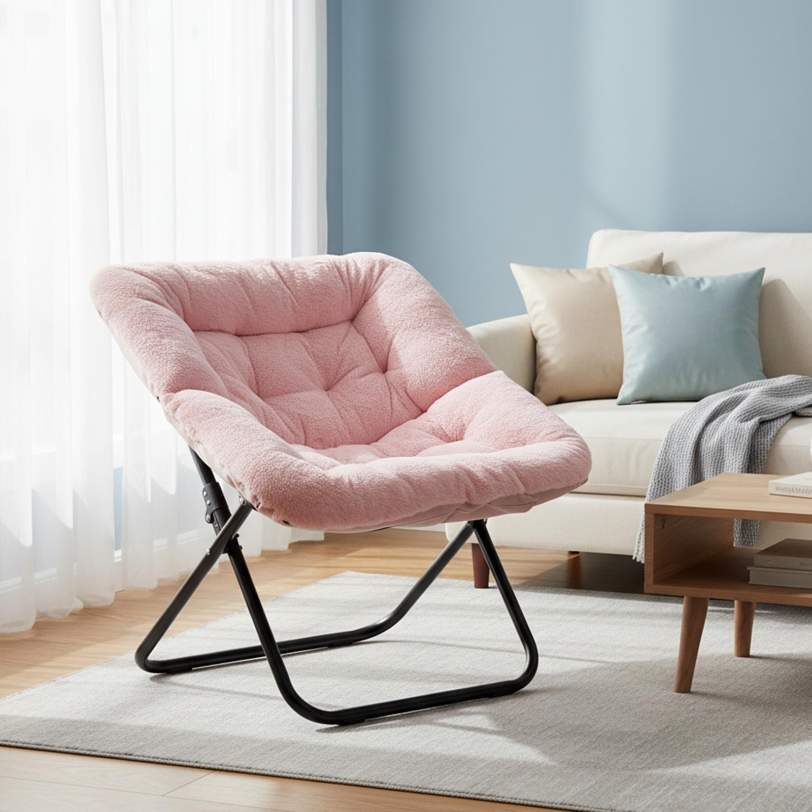 Large Saucer Chair for Adults Oversized Folding Faux-Fur Metal Lounge Chair Pink