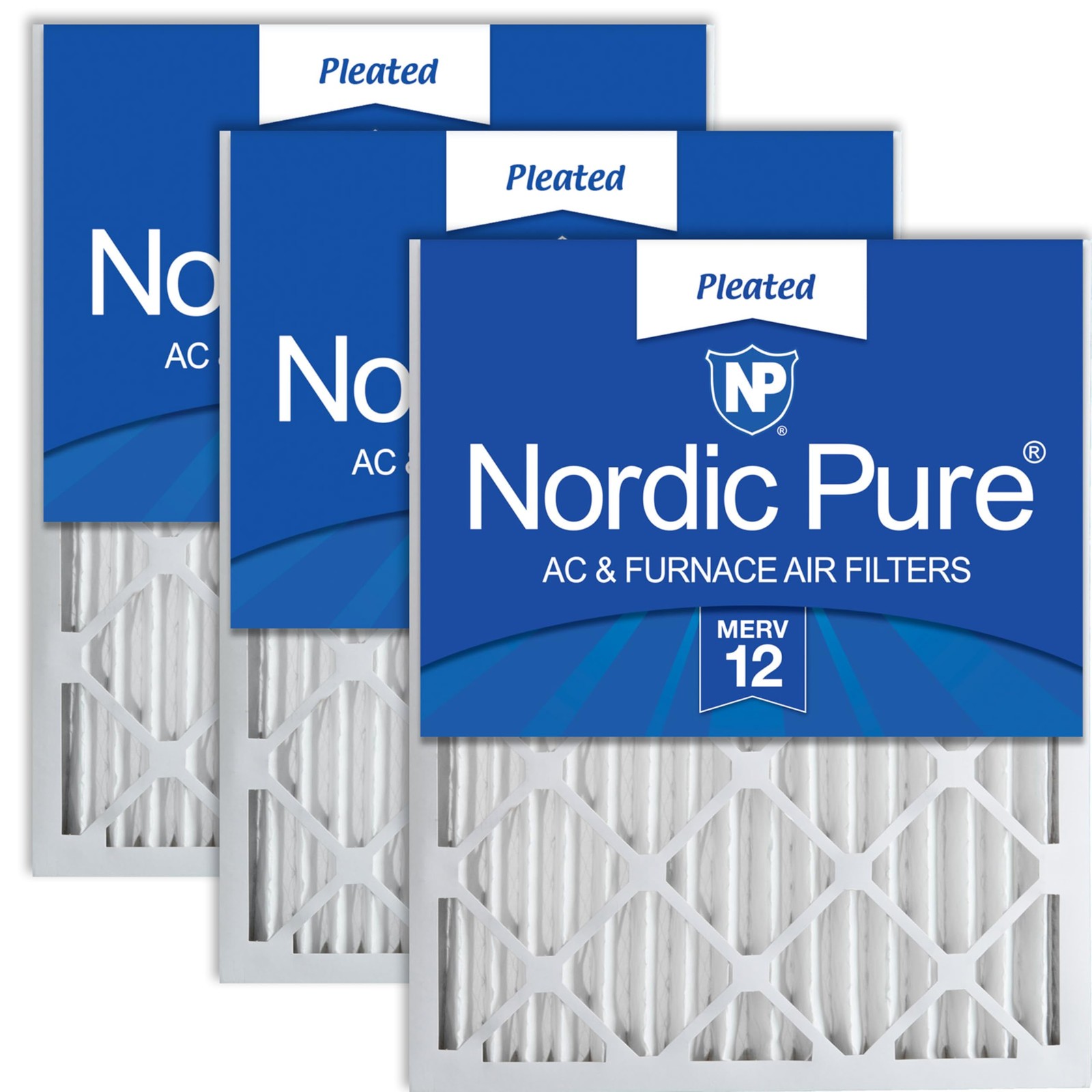 Filter 14x25x2 Pleated MERV 12 3 Pack Nordic Pure Air Actual Size Filters