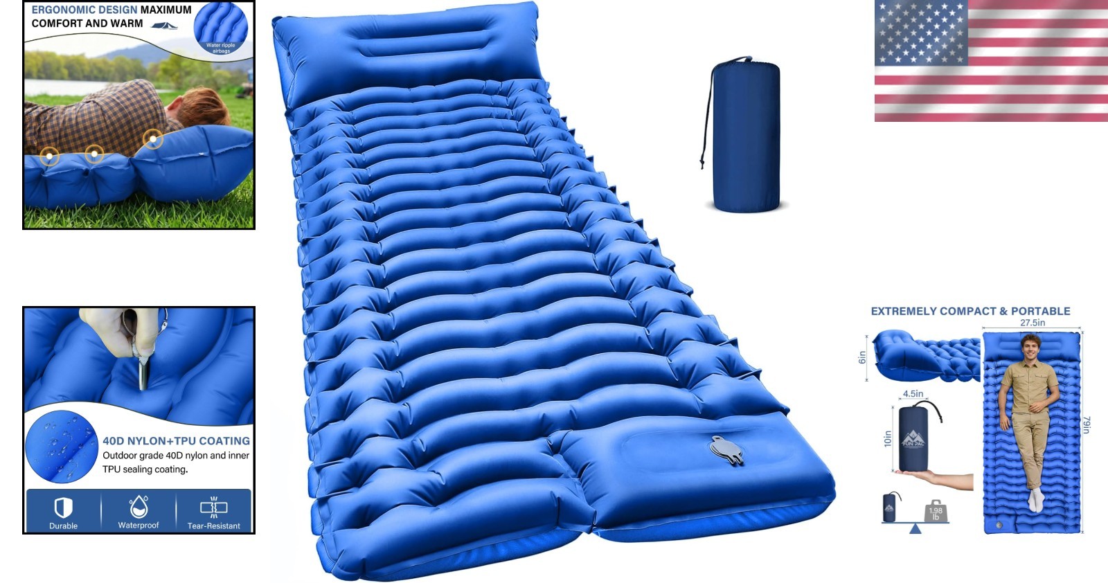 Lightweight Inflatable Camping Mat with Built-in Pillow & Quick Inflate, Twin