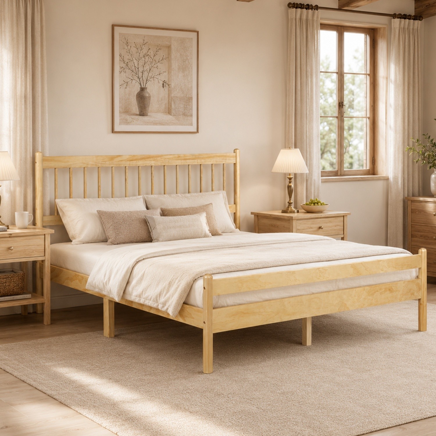 Queen Size Solid Wood Bed Frame w/ Headboard & Footboard No Box Spring Needed
